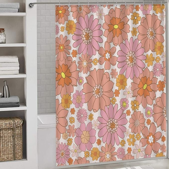 Pink 70s Floral Shower Curtain for Bathroom,Retro Vintage Hippie 70s Daisy Floral Flower Cute Funky Trippy Groovy Boho Waterproof Fabric Shower Curtain Set with Hooks, 72"x84"