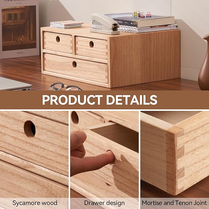 KIRIGEN Solid Wood Desktop Organizer with 3 Drawers - Multi-Layer Office Supplies Storage Rack for Documents, Stationery, Jewelry - Natural Wooden Desk Shelf Organizer Nature WJG23-NA