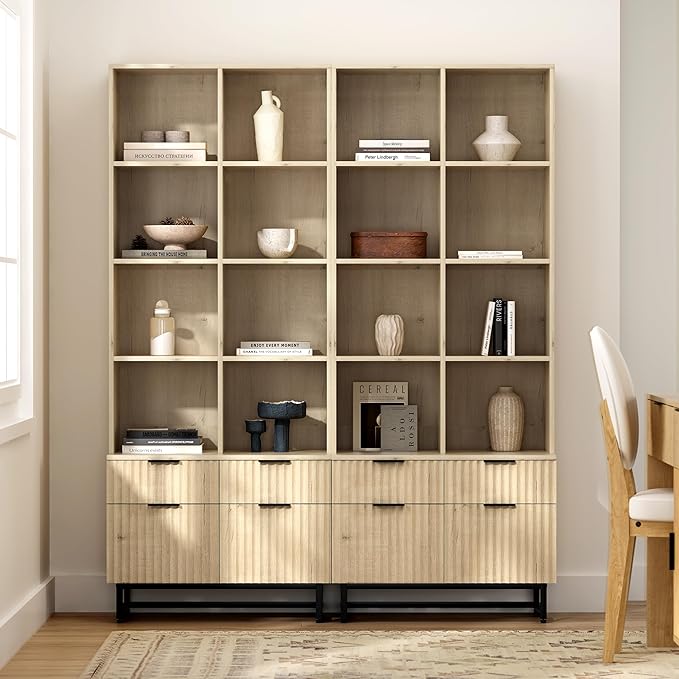 71" Bookshelf with Drawers, Fluted Tall Bookcase 4 Tier Wooden Display Cabinet with Storage Floor Standing, Mid Century Modern Bookshelves for Home Office Living Room Library (Light Oak)