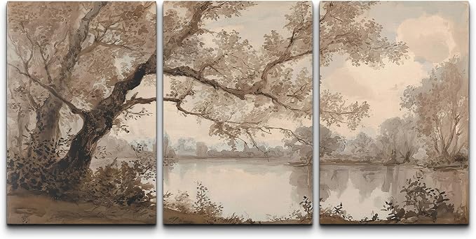 wall26 Canvas Print Wall Art Set Sepia Watercolor Lakeside Tree Landscape Decorative Minimal Relax/Zen for Living Room, Bedroom, Office - 16"x24" x 3