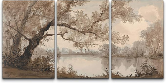 wall26 Canvas Print Wall Art Set Sepia Watercolor Lakeside Tree Landscape Decorative Minimal Relax/Zen for Living Room, Bedroom, Office - 16"x24" x 3