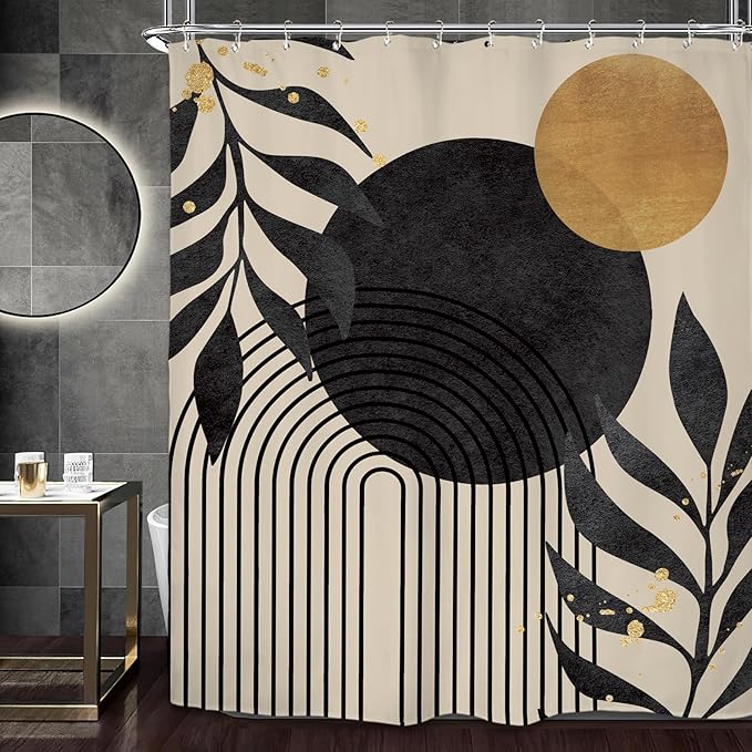 Miyotaa Abstract Minimalist Shower Curtain Set 60Wx71H Inches Modern Aesthetic Mid Century Contemporary Plant Leaves Geometric Neutral Waterproof Bathroom Curtain with 12 Hooks