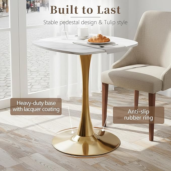 Small Square Dining Table,24" Tulip Table with Metal Pedestal,15-Minute Quick Assembly,Mid Century Modern Leisure Table for Kitchen Small Places Cafe (Faux Marble White Gold)