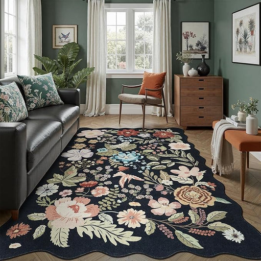 DCX Black Floral Rug 4x6, Washable Black Rug for Living Room, Kid & Pet Friendly with Rubber Back Non Slip, Soft Low Pile Carpet, Stain Resistant Rug for Bedroom, Nursery, Dining Room