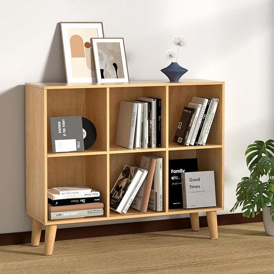 6 Cube Storage Organizer with Legs, 2 Tier Cube Low Horizontal Bookcase Freestanding Storage Display Organizer for Home Office, Six-Cubes Unit Open Shelf Bookshelf (Natural Oak,6 Cube)