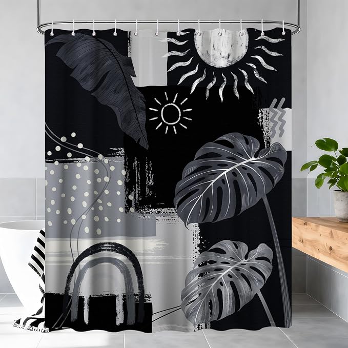 Black and Gray Mid Century Modern Shower Curtain Bohemian Abstract Dark Black and Grey Shower Curtains for Bathroom Decor Sets, Waterproof Cloth Fabric with Hooks, 72x84 Inch