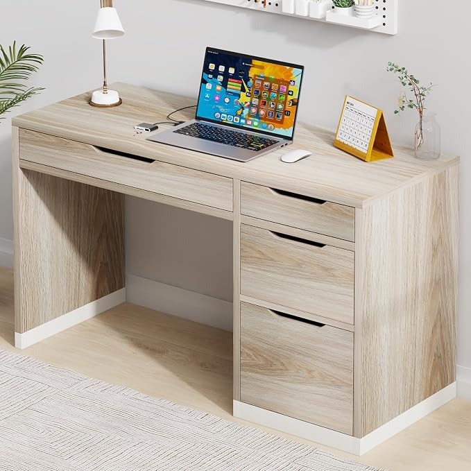 MaverickFurni 52 Inch Desk with 4 Drawers, Computer Desk with Storage File Drawer for Bedroom, Small Office Desk with Storage for Small Space, Light Walnut