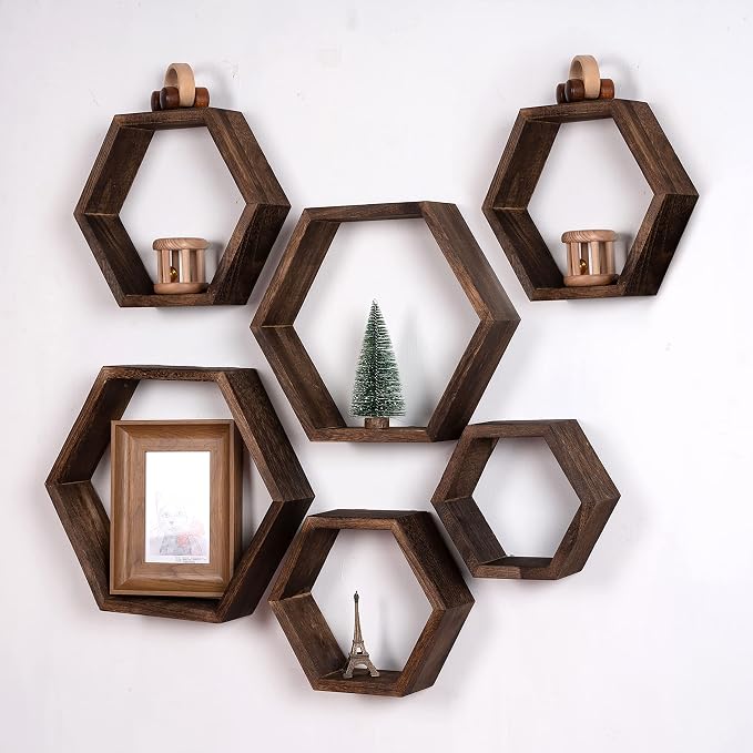 WONFUlity Hexagon Floating Shelves Honeycomb Shelves Wall Mounted Wood Farmhouse Storage Wall Shelf for Bathroom, Kitchen, Bedroom, Living Room,Driftwood Finish Decor,Dark Brwon