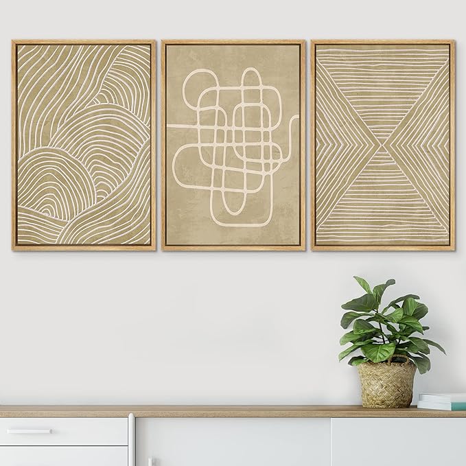 SIGNWIN Framed Canvas Print Wall Art Set Geometric Tan Line Art Collage Graffiti & Street Art Abstract Illustrations Modern Art Decorative Nordic for Living Room, Bedroom, Office - 24"x36"x3 Natural