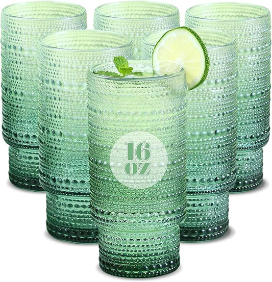 Large Capacity 16 oz Hobnail Drinking Glasses Set of 6, Vintage Glassware Drinking Glasses, Gradual Dark Green Water Glasses Tumbler, Cups for Kitchen, Juice, Beer, Cocktail, Whiskey