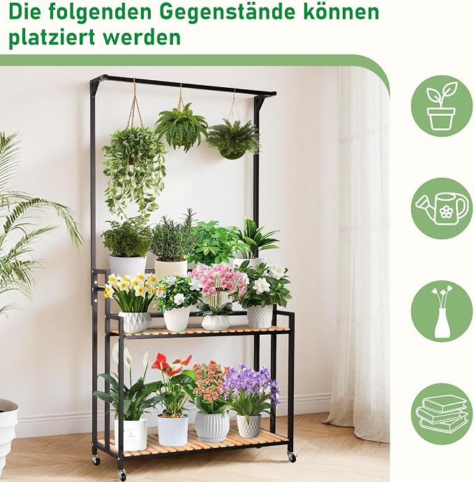 SEAdeerCH Multi-Functional Plant Stand ,Modern Rolling Plant Shelf Space-Conserve,Use Vintage Wood and Iron Frame, Robust Pine,Easy Assembly,for indoor/outdoor use in Living Spaces or Patio