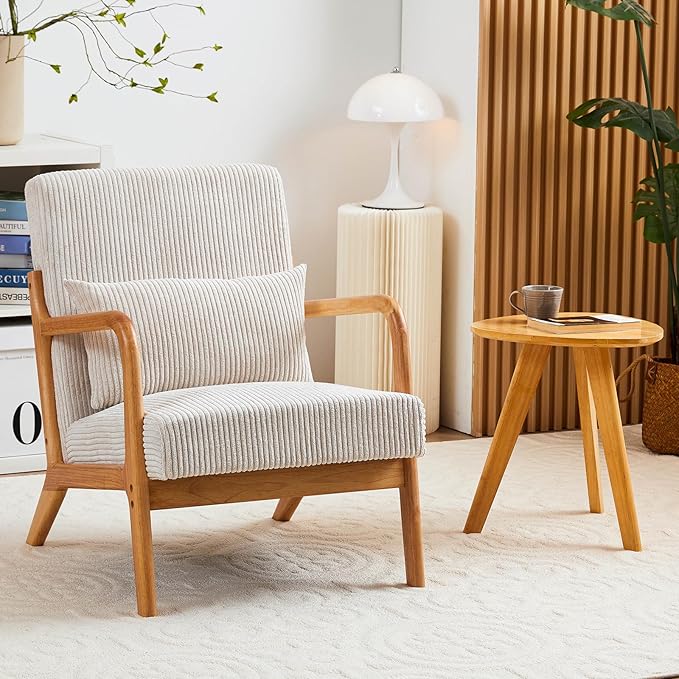 Accent Chairs with Side Table, Mid Century Modern Chair with Pillow, Arm Chair with Solid Wood, Reading Relaxing Leisure Chair for Living Room, Waiting Room, Beige