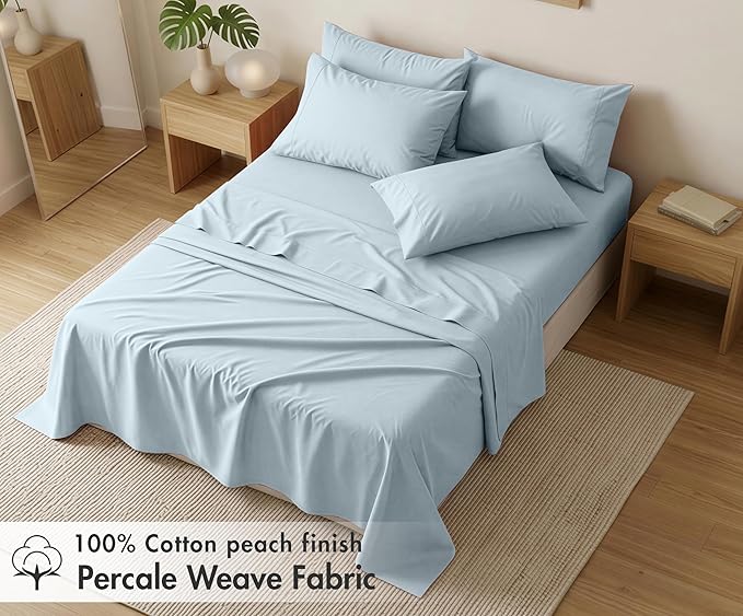 RUVANTI 100% Cotton Percale Sheets King Size 6 Piece Set, Cooling Bed Sheets for Hot Sleepers, Deep Pocket 16”, Breathable Lightweight & Durable, Crisp Hotel Style Sheets, Silver Blue
