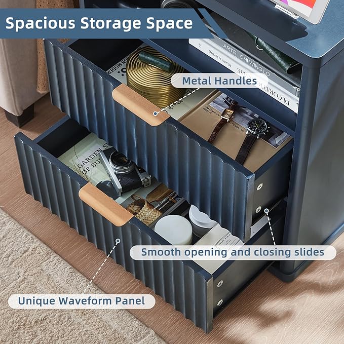 LEYAOYAO Fluted Farmhouse Nightstand Set of 2 with Charging Station, 23" Wide 2 Drawers End Table,Navy Blue Dresser for Bedroom,Bed Side Table Chest of Drawers Cabinet,Wood Night Stand for Living Room