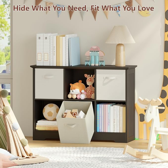 VORONOI 6 Cube Storage Organizer with 3 Fabric Drawers and Removable Shelves — Modular Cube Bookshelf for Bedroom, Living Room, or Home Office, Short Cube Bookcase for Toys, Decor,Black