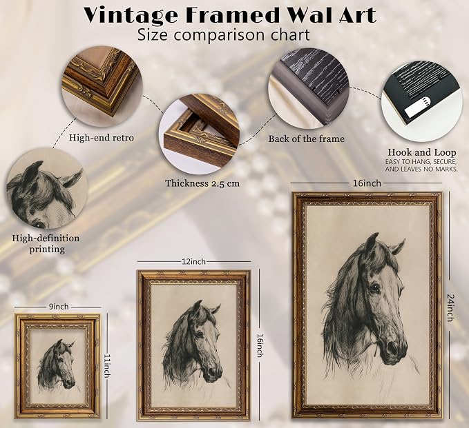 Vintage Gold Framed Horse Sketch Canvas Wall Art Retro Horse Wall Decor Vintage Farmhouse Animals Sketch Print Artwork Retro Rustic painting Picture for Farmhouse Bedroom Living Room 12X16in