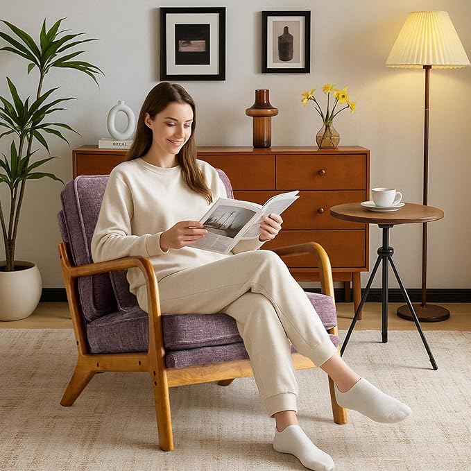 Karl home Mid Century Modern Accent Chair with Lumbar Pillow & Oak Arms – Plush Chenille Living Room Chair for Bedroom, Lounge (Purple)