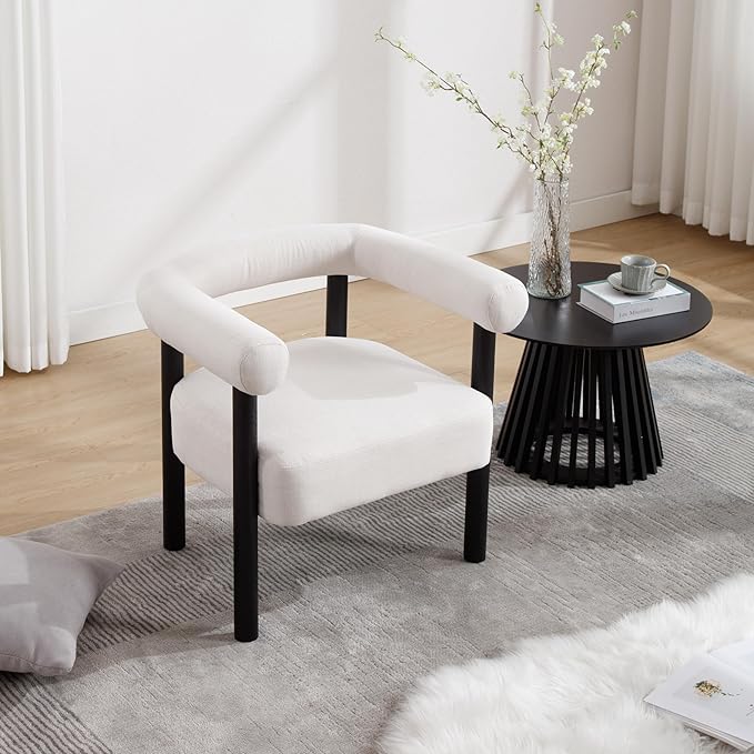 Barrel Accent Chair, Linen Upholstered Armchair, Mid-Century Modern Accent Chair with Curved Backrest and Wood Legs for Living Room, Bedroom, Office, Beige