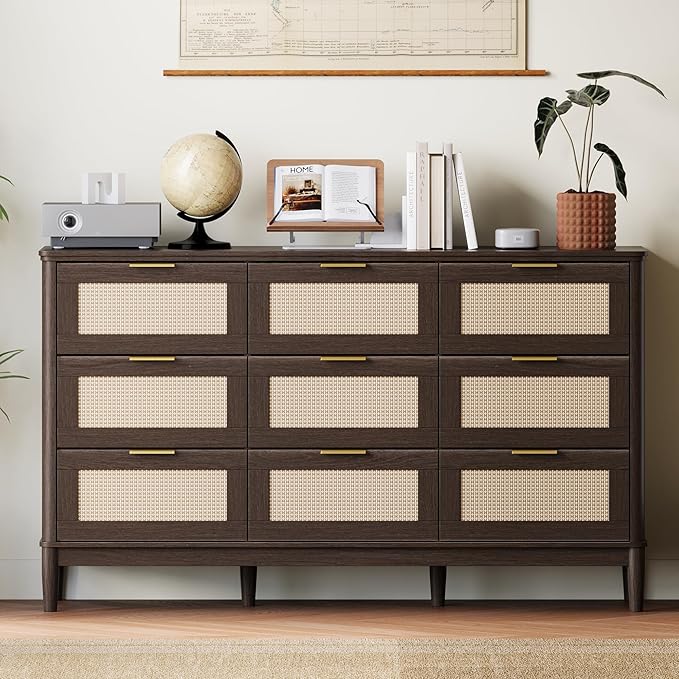 LINSY HOME Rattan Dresser with 9 Deep Drawers, 58" Wide Long Chest of Drawers, Mid Century Modern Tall Dresser, Large Wood Boho Storage Cabinet for Bedroom with Metal Handle and Durable Legs, Walnut