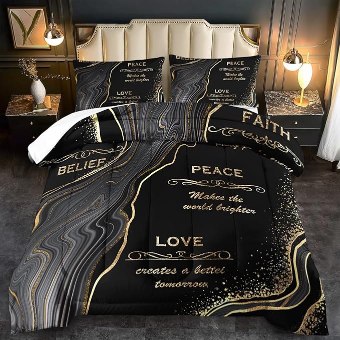 Black and Gold Comforter Set Queen,Marble Comforter for Boys,Black and Gold Bedding Set Queen,Marble Bedding for Girls,Goth Vintage Quilt Aldult,Goth Vintage Bedroom Decor