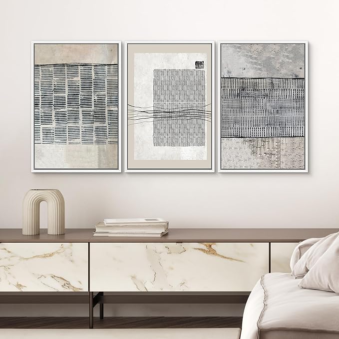 SIGNWIN Framed Canvas Print Wall Art Set Black Tan Industrial Line Art Pattern Abstract Shapes Cozy Neutral Decorative Contemporary Minimal for Living Room, Bedroom, Office - 24"x36"x3 White