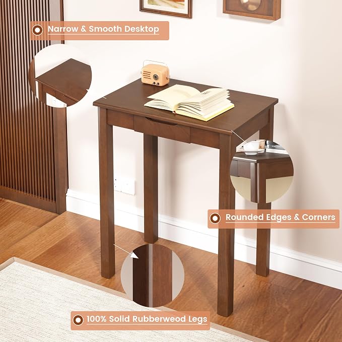 Solid Wooden Desk with Drawers - 24 x 16 Inch Vintage Narrow Desks, Mid Century Modern Desks, Rubber Wood Study Table, Small Writing Desk for Bedroom|Small Spaces - Walnut Color
