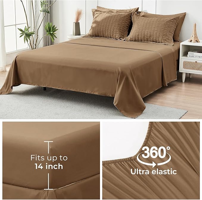 HYMOKEGE Brown California King Comforter Set Seersucker 7 Pieces, All Season Luxury Bed in a Bag for Bedroom, Bedding Set with Comforter, Sheets, Pillowcases & Shams
