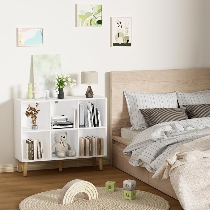 6 Cube Bookcase, Wooden Book Shelf Cube Storage Organizer with Legs, 2 Tier Bookshelf Freestanding Open Shelves for Home Office, Living Room, Bed Room (White, 6 Cube Horizontal)
