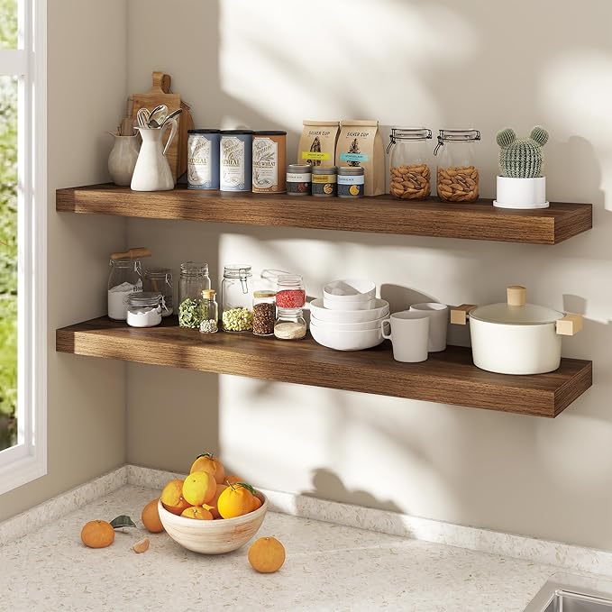 Dreamland 48 Inch Floating Shelves for Wall,8 Inch Deep Floating Shelves,48" W x 8" D Wall Shelves for Bedroom,Living Room,Kitchen,Bathroom,Walnut,Set of 2
