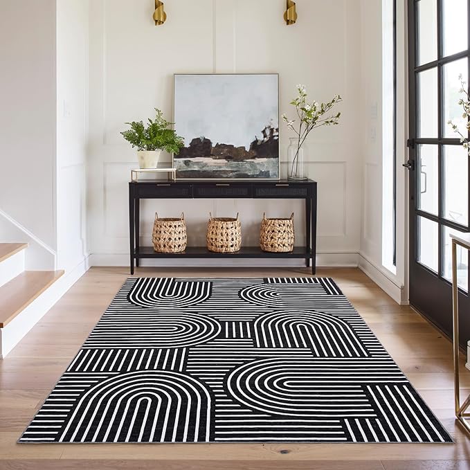 Washable Rug 4x6 Area Rugs for Living Room, Abstract Rug for Bedroom, Soft Rainbow Non Slip Throw Rugs with Rubber Back, Low Pile Stain Resistant Boho Geometric Carpet for Dining Room, Blue