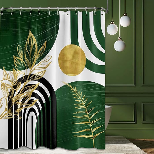 Olive Green and Gold Shower Curtain Boho Mid Century Modern Hunter Green Shower Curtains for Bathroom Decor Sets, Waterproof Cloth Fabric with Hooks 70x84in