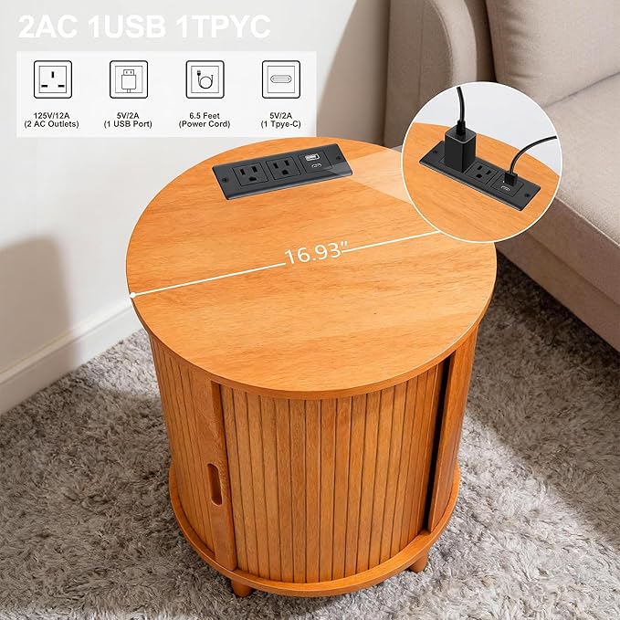 DHH End Table Set of 2 with Storage & Charging Station, Fluted Accent Side Table with Sliding Door & Adjustable Shelf, Mid-Century Nightstand for Small Spaces, Living Room, Bedroom(2, Yellow Walnut)