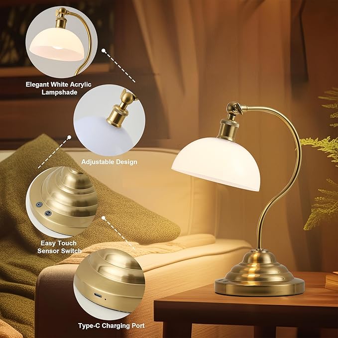Cordless LED Table Lamp, 180° Swing Arm Desk Lamp, Battery Operated,Dimmable/3 Color, Vintage Rechargeable Table Light for Living Room,Bedroom,Bedside, White Shade, Brass