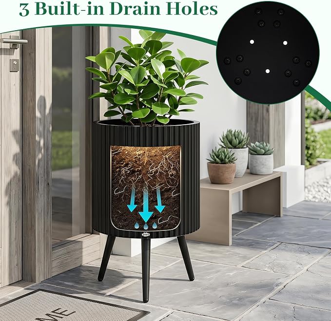 Giantex 14 inch Plant Pot with Stand Set of 2, Mid-Century Modern Fluted Planter with Built-in Drainage Holes, Metal Flower Pot with Tapered Legs for Living Room, Office, Porch, Garden