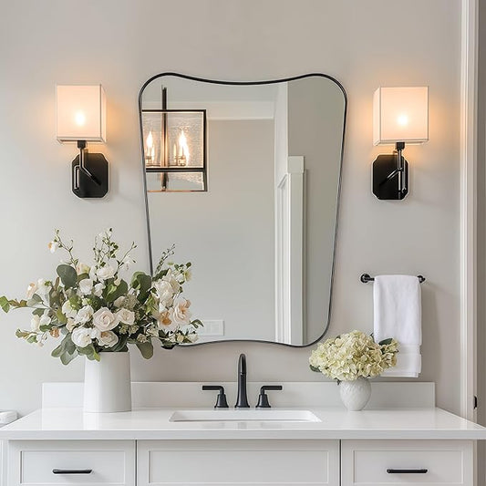 MIRRORTART Contemporary Black Bathroom Mirrors for Wall, 24x32'' Asymmetrical Scalloped Butterfly Rectangle Mirror in 1'' Stainless Steel Metal Frame for Home Decor Wall Mounted Vertical Only