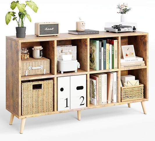 Flrrtenv 8-Cube Bookshelf 2 Tier Retro Bookcase with Legs, 11in Shelf Opening, 47" Wood Bookshelves Storage Organizer Shelf, Freestanding Open Book Shelves for Bedroom Living Room Office, Rustic Brown