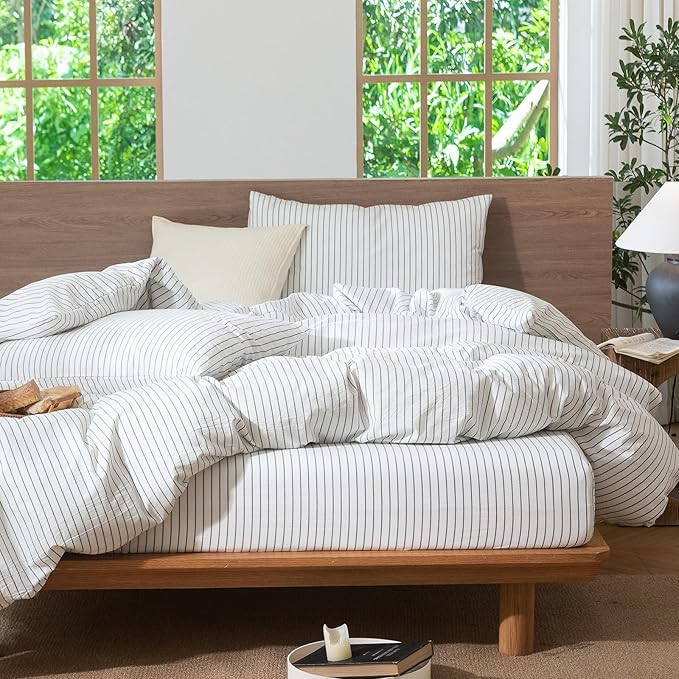 MooMee Striped Duvet Cover Set 100% Washed Cotton Linen Like Textured Breathable Durable Soft Comfy (White Heathered Green Wide Stripes, King 104"x90")