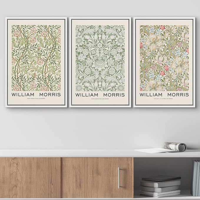 wall26 Framed Canvas Print Wall Art Set William Morris Flower Pattern Tapestries Nature Floral Illustrations Fine Art Decorative Botanical Rustic for Living Room, Bedroom, Office - 16"x24"x3 White
