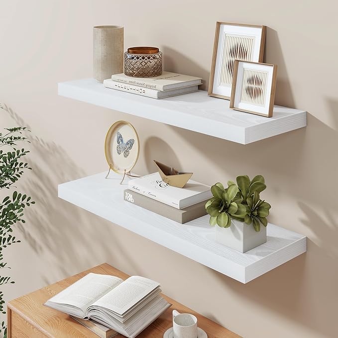 Fun Memories White Floating Shelves 36 Inch Long, 9.3 Inch Deep Floating Shelf 2 Pack for Wall Bathroom, Living Room, Kitchen, Large Long Wall Shelves with Heavy-Duty Bracket for Books Decor