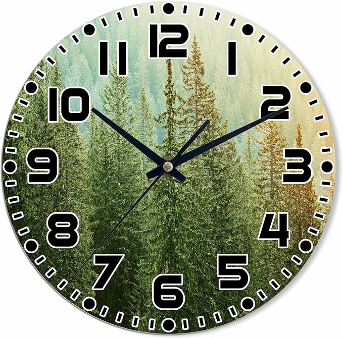 Fir Tree Wall Clock 10 inch Round Healthy Green Tree Silent Non Ticking Wood Wall Clocks Battery Operated Easy to Read Decorative Wall Clock for Bedroom Kitchen Living Room Bathroom