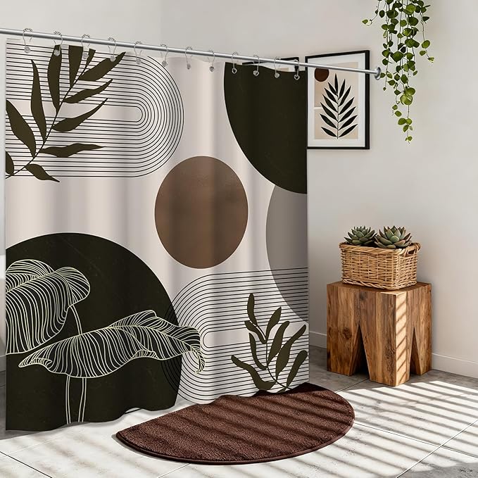 Brown and Beige Shower Curtain Light Brown Tan Taupe Boho Mid Century Modern Shower Curtains for Bathroom Decor MCM Mens Cool Bath Curtain Set, Waterproof Fabric with Hooks 70 x 72 Inch