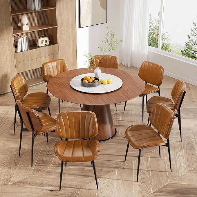 Dining Chairs Set of 8, Mid Century Modern Dining Room Chair, Upholstered Faux Leather Kitchen Chairs with Walnut Bentwood Back and Metal Legs for Kitchen Dining Room Living Room, Brown