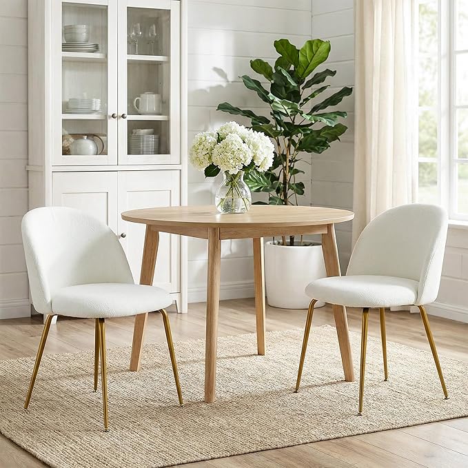 Casaphoria Dining Chairs Set of 2, Modern White and Gold Upholstered Accent Chairs with Metal Legs, Ergonomic Comfy Vanity Chair for Kitchen, Living Room, and Bedroom