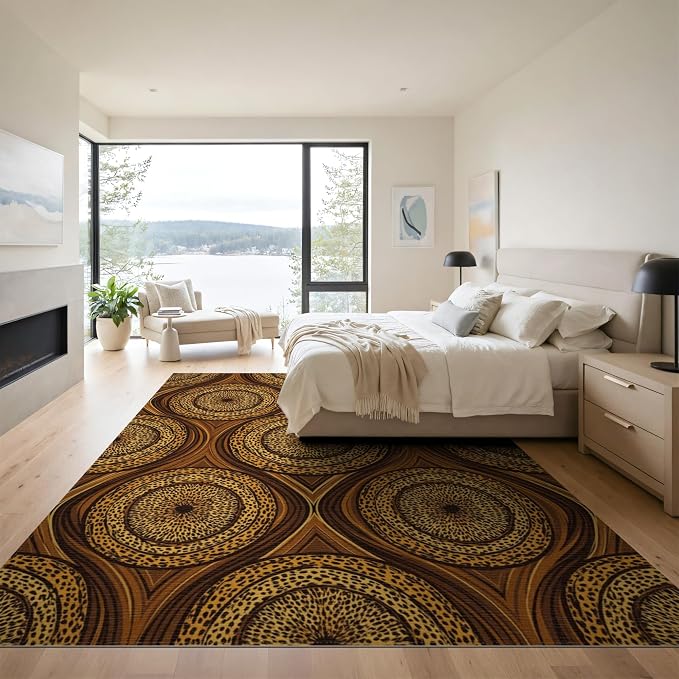 9'x12' Washable Geometric Leopard Print Oversized Rug, Orange Non-Shedding Pet Friendly Carpet for Master Suite, California King, Under Bed, Foldable Easy Care Mat | Ref:2229844