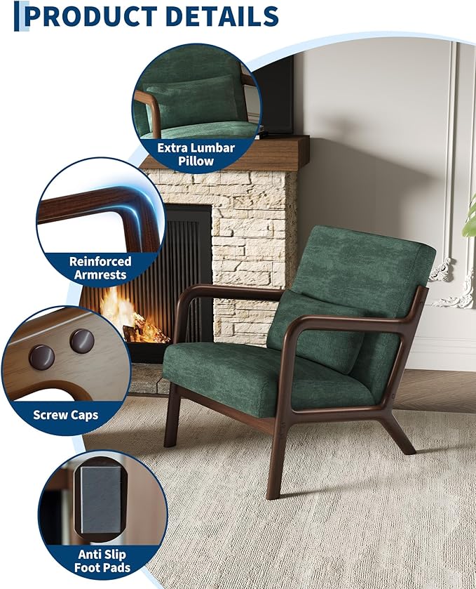 Garvee Mid-Century Chenille Accent Chair Set of 2, Cozy Reading Chair, Modern Lounge Armchair with Lumbar Pillow, Sturdy Wood Frame, for Living Room, Bedroom, Office, Green