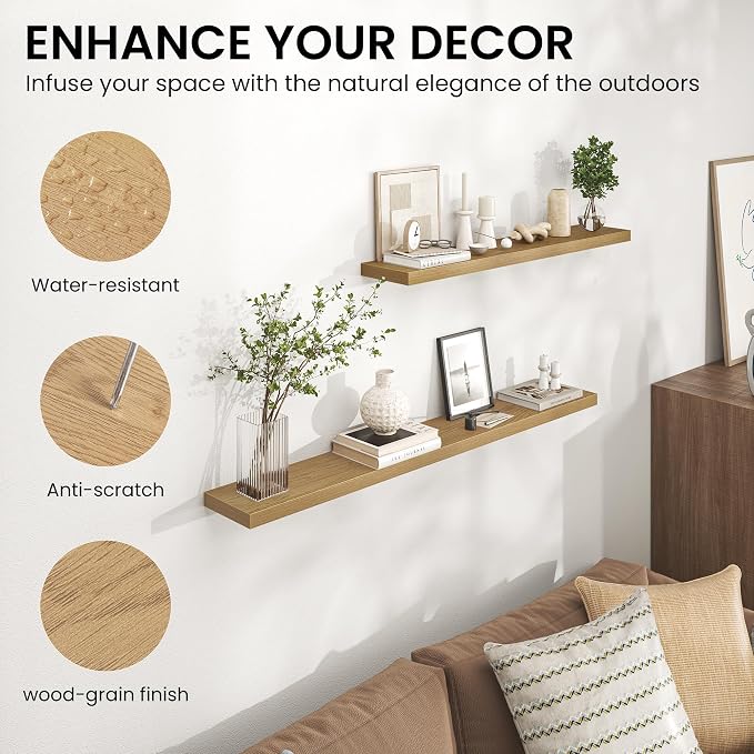 Heimlove 48 Inch Floating Shelves for Wall,Extra Long Wood Shelves Mounted Storage Hanging Shelf Invisible Bracket for Bedroom,Living Room,Kitchen,Office,Set of 2,Oak Color