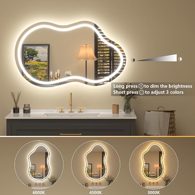 40x24 Inch Irregular Cloud LED Bathroom Mirror, Asymmetrical Backlit Bathroom Vanity Mirror, Anti-Fog, Dimmable, 3 Colors, Memory (Horizontal/Vertical)