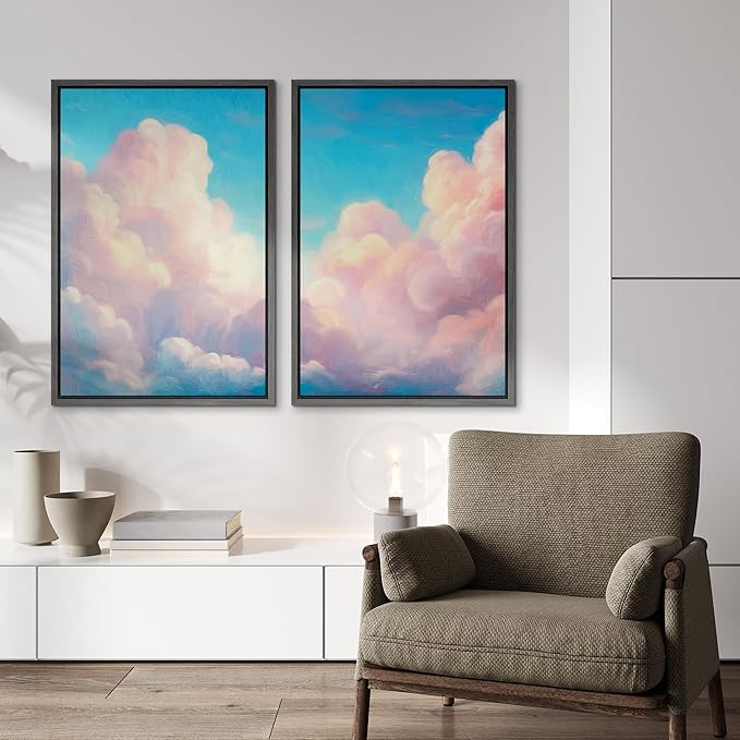 IDEA4WALL Framed Canvas Print Wall Art Set Pastel Sky Cloudscape Dreamy Pink and Blue Clouds Illustrations Modern Art Decorative Coastal Cottage Seascape for Bedroom - 24"x36"x2 BLACK