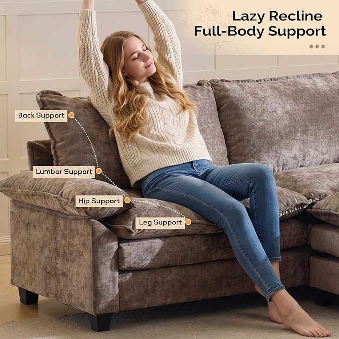 VINGLI Convertible Sectional Loveseat Sofa with Deep Seat &Movable 2-Layer Ottoman, Oversized L-shape Cloud Sofa with Chaise & Armrests, 2-Seat Sofa for Small Spaces & Apartment, Chenille, Light-Brown