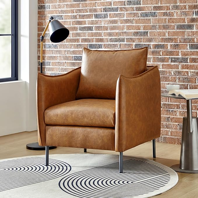 HULALA HOME Leather Armchair, Modern Faux Leather Accent Armchair Upholstered Living Room Chairs with Moveable Cushion for Living Room, Office, Reading, Customer Reception, Camel